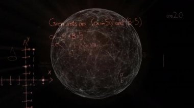 Matematik formülleri matematik kavramlarını gösterirken, ağ küre cisimlenerek dönüyor. Teknoloji, gelecekçilik, dijital, soyut, görselleştirme, bilim, eğitim