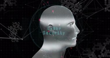 Izgara etkinleştirmesinden sonra, işaretleyiciler kimlik taraması için özellikleri eşleştirirken şeffaf kafa örgüsü dönüyor. Fütürist, siber, dijital, teknoloji, arayüz, biyometrik, ağ