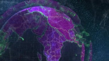 Amerika 'dan Afrika' ya neon şebekede dönen parlayan dijital küre veri alışverişini gösteriyor. Fütürist, teknoloji, ağ, bağlantı, soyut, siber uzay, dijital