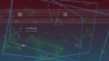 Başlangıçta, kablo örgüsü sanal ızgarada ilerlerken hatlar ve pikseller bozuluyor. Fütürist, siber, teknoloji, soyut, dijital, sanal, arıza