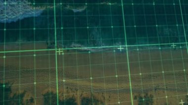 Hava haritalama dronu Neon yeşil ızgara yayıyor tarama kıyı şeridini titreşim ve eğimle örtüyor. Coğrafi, navigasyon, teknoloji, görselleştirme, kıyı şeridi, izleme, geleceksel