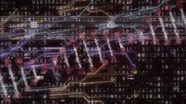 Neon devre çizgileri ikili nabız algılıyor, kırmızı düğümler titreşiyor ve veri akışını görselleştirmek için zayıflıyor. Gelecek, teknoloji, bağlantı, dijital, soyut, ağ, canlı