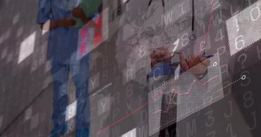 Grafikler animasyon yapıyor, sonra da hemşirenin hazır olduğunu gösteren bir not panosu ve tablet üzerinde yazan bir doktor var. Tıbbi, klinik, teknoloji, yenilik, sağlık, tanı, profesyonel