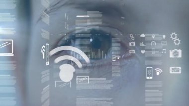 Laboratuvarda radar halkaları ile AR arayüzü taranıyor, çubuk grafikleri ve çizgileri taranıyor. Futuristik, teknoloji, yenilik, veri görselleştirme, dijital, arayüz, bağlantı