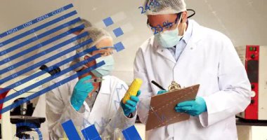 Araştırmacılar mısırı pipetle inceliyor. Mavi çubuklar gıda bilimi yüzdelerini gösteriyor. Bilim, işbirliği, yenilik, kesinlik, analitik, teknoloji, eğitim