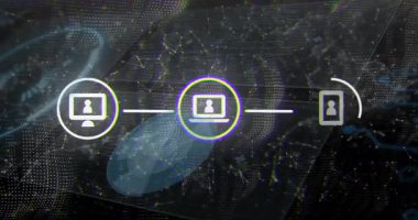 Dijital küresel girdap, ortaya çıkan ikonlar, bağlanan, titreşen, ağda cihaz zincirini gösteren. Teknoloji, bağlantı, ağ, siber alan, yenilik, veri, dijital