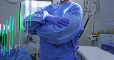 Cerrah ameliyata hazırlanıyor kelepçeleri ayarlıyor ve maskeyi lamba çubukları dalgalanıyor gibi güvenli hale getiriyor. Tıbbi, sağlık, profesyonel, steril, klinik, geleceksel, hassas