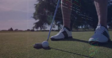 Golfçü vuruş yaparken analitik çubuklar ve çizgi grafikleri iz sürmede zayıflıyor. Spor, performans, veri, kesinlik, teknoloji, açık hava, atletik