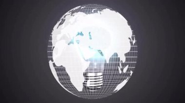 Küre beliriyor, dönüyor, ampul tabanını açığa çıkarıyor, parıltı yayıyor, içgörü için titreşen beyin oluşturuyor. Soyut, teknoloji, yenilik, dijital, bağlantı, sinirsel, geleceksel