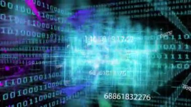 Turkuaz ağ ızgarası yüzen sayılar ve görsel veri akışının yörüngesinde dönen oklar ortaya çıkıyor. Fütürist, dijital, sürükleyici, soyut, teknoloji, siber uzay, yenilik