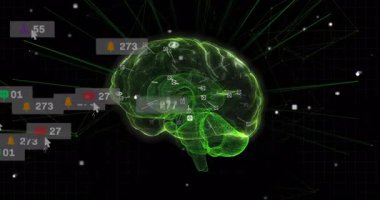 Yüklemede yeşil telli beyin havada asılı duruyor. Yükselen sosyal ölçümleri gösteren rozetler kümeleniyor. Nörodata, yapay zeka, dijital ağ, görselleştirme, analitik, kavramsal tasarım, modernteknoloji