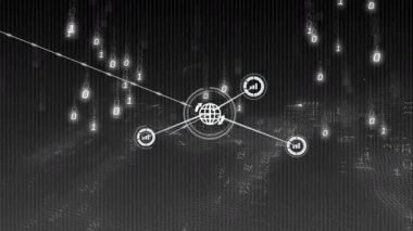 Merkezi dünya simgesi görünüyor, ağ genişleyen düğümler ve teknolojik veri akışını gösteren akış rakamları. Teknoloji, veri, bağlantı, dijital, siber, altyapı, yenilik