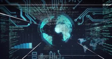 Turkuaz küre doğuya doğru dönerken harita büyüyor ve veriler ağı görselleştirmek için titreşiyor. Gelecekçi, teknoloji, analitik, dijital, sürükleyici, veri görselleştirme, siber