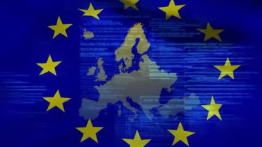 Altın kıta siluetinde dalgalanan AB amblemi tarama hatlarının açılması verilerin hatalı olduğunu ortaya çıkarıyor. Dijital, teknoloji, siber güvenlik, yenilik, veri, ağ, fütürist