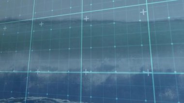 Yuvarlanan okyanus dalgaları, Cyan ızgara kaplamasının altında dalgaların hareketini temsil ediyor. Soyut, dijital, deniz, görselleştirme, fütüristik, akıcılık, teknoloji