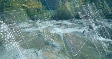 Para birimini görselleştirmek için şeffaf dijital örtülerde kaybolan dağ akışı akışını takip eden. Doğa, teknoloji, veri görselleştirme, çevre, analitik, sürdürülebilirlik, manzara