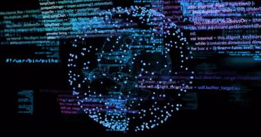 Yükselen dijital küre dikey eksen etrafında dönüyor, kaydırma kodu aracılığıyla veri akışını görselleştiriyor. Teknoloji, yenilik, siber alan, veri görselleştirme, sanal gerçeklik, gelecekçi, ağ