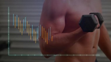 Salonda halterli kıvrımlar yapan bir adam, bar grafiğinin performans takibi ile dalgalanmasına neden oluyor. Spor, güç, egzersiz, egzersiz, eğitim, performans, ilerleme
