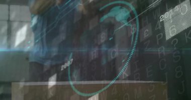 Kamera görüntüsü, bir adamın Dünya 'nın içindeki basamakları tırmandığını gösteriyor. Değişen teknoloji zaman çizelgeleri. Gelecekçi, yenilikçi, ilerleme, dijital, teknoloji, görselleştirme, soyut