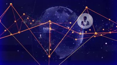 Dönen 3 boyutlu dünya turuncu düğümler oluşturarak ağ oluşturuyor tarama halkaları kullanıcı profillerini ortaya çıkarıyor. Fütüristik, bağlantı, dijital, teknoloji, yenilik, küresel, ağ