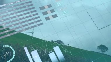 Şebeke, enerji analizi için dönen türbin pervanelerini ve tablo ve grafikleri gösteriyor ve neden oluyor. Yenilenebilir, sürdürülebilirlik, analitik, dijital, çevre, modern, yenilik