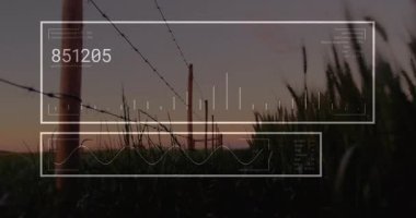 Alacakaranlıkta dikenli tellerin üzerinde görünen örtüler, veri çıktıları çubukları güncelliyor ve dalga vuruşları azalıyor. Çit, tarım arazisi, veri görselleştirme, dijital arayüz, kırsal arazi, teknoloji, alacakaranlık