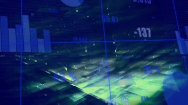 Holografik 3D ızgara, trend görünümü için kamera taraması sırasında çubukların kaydığını ve değerlerin güncellendiğini gösteriyor. Fütürist, dijital, dolambaçlı, analitik, yenilikçi, teknolojik, etkileşimli