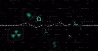 Akış başladığında, beyaz noktalı dalga biçimi ve enerji verilerini gösteren neon yeşil simgeler yüzer. Teknolojik, yenilikçi, gelecekçi, dijital, bağlantı, sürdürülebilirlik, veri