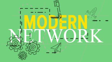 MoDERN NETwork yeşil alanda, kesik kare, dişliler, uçak, roket, kalem simgeleri ile canlandırılıyor. Teknoloji, yenilik, dijital, yaratıcı, geleceksel, başlangıç, tasarım