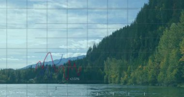 Göl vadisinde şebeke çöküyor, kırmızı ve mavi grafikler veri eğilimlerini gösteren çubukların yanında salınıyor. Peyzaj, doğa, analiz, yeşil, sükunet, görselleştirme, açık hava