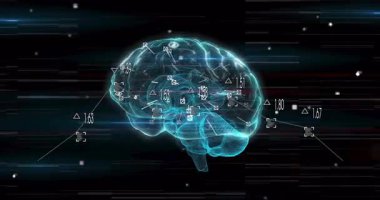 İşaretleyiciler ve etiketler veri analizi için canlandırma yaparken Cyan 3D hologram beyni ortaya çıkıyor. Teknoloji, nöroloji, görselleştirme, veri, yenilik, daldırma, gelecekçilik