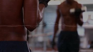 Spor salonunda dambıl toplayan ve kas gelişimi için aynanın önünde biseps yapan bir adam. Güç, spor, vücut geliştirme, eğitim, motivasyon, yansıma.