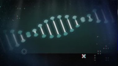 Parlak DNA sarmalı eğiliyor, arıza üstüne nokta ızgara uyguluyor, yükleyiciler dönüyor, veri gösteriliyor. Teknoloji, yenilik, bilim, veri, dijital, fütüristik, soyut
