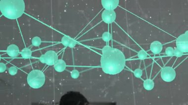 Dark grid drifting revealing doctors using teal overlay and clipboard during clinical data analysis. Medical, technology, innovation, collaboration, futuristic, data, scientific