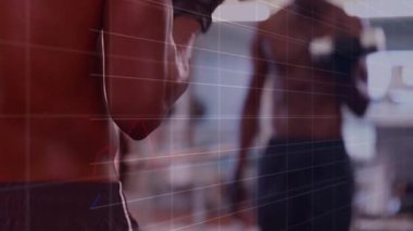 Dambılla giren ve spor salonundaki biseps kıvrımlarını başlatan adam, animasyon ızgara izleme temsilcilerini gösteriyor. Eğitim, güç, analitik, performans, egzersiz, motivasyon, kas gücü,