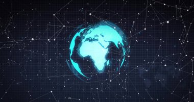 Yüzen turkuaz dijital küre, kıtaları, düğümleri ve çizgileri olan teknoloji ağı içinde gösteriyor. Futuristik, teknoloji, bağlantı, veri görselleştirme, dijital arayüz, yüksek teknoloji, küresel ağ