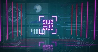 Yüksek teknoloji panelinde, yüksek teknoloji grafikleriyle QR-kod benzeri sembolü vurgulayan neon mavisi çerçeve taranıyor. Fütürist, siber, teknoloji, arayüz, dijital, hud, devre