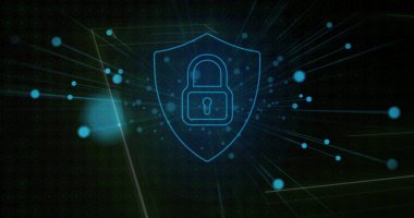 Siber uzay ağında asma kilit ışık ışınlarıyla, veri düğümleriyle birlikte neon-mavi kalkan yayılıyor. Siber uzay, siber güvenlik, dijital, teknoloji, ağ, bağlantı, geleceksel