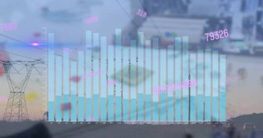 Çelik kule, rüzgar türbinleri ve araçlarla otoyol boyunca uzanan dijital bar şeması gösteriliyor. Metropolitan, endüstriyel, geleceksel, ulaşım, altyapı, yenilik, veri görselleştirmesi