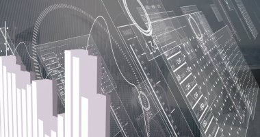 Gösterge panelinin solunda, yüzen çizgi çizelgeleriyle birlikte mor 3D çizelge kümesi gösteriliyor, kopyalama alanı. Gelecek, veri, görselleştirme, arayüz, dijital, analitik, teknoloji