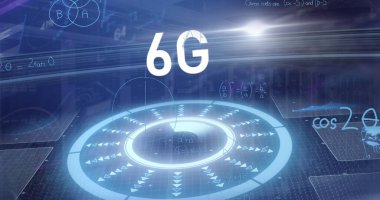 Büyük beyaz 6G metin ile koyu mavi ızgara üzerinde parlayan holografik dairesel arayüz gösteriliyor. Gelecek, teknoloji, dijital, arayüz, holografik, yenilik, ağ