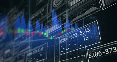 Şamdan ve alan grafikleri, ızgara kaplaması ve eksen etiketleri ile ticaret panelleri gösteriliyor. Teknoloji, analitik, görselleştirme, fütürizm, veri, finans, dijital