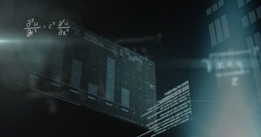 Sanal arayüzde süzülen holografik panel gösteriliyor, bar çizelgesi, denklem ve ızgara düzlemi ile birlikte. Güçlendirilmişlik, veri görselleştirme, dijital arayüz, gelecekçi, teknoloji, yenilik, bilim