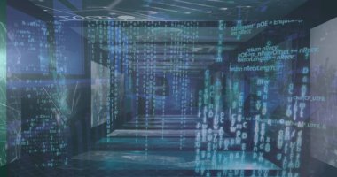 Araştırma tesisinde merkez koridoru, şebeke zeminiyle çevreleyen holografik kod akışları. Fütürist, siber, teknoloji, dijital, daldırıcı, parlak, bilgisayar