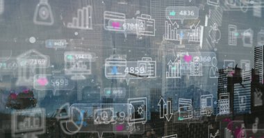 Şehir silueti üzerinde şeffaf analitik arayüz gösterimi, bar çizelgeleri, dizin simgeleri. Fütüristik, teknoloji, kentsel, veri görselleştirme, kurumsal, dijital arayüz, modern