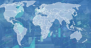 Beyaz dünya haritasını sunucu rafı arayüzü üzerinde göstererek altıgen ızgaralarını, çubuk çizelgelerini ve veri noktalarını gösterir. Coğrafya, analitik, teknoloji, arayüz, veri, yenilik, görselleştirme