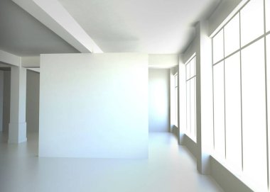 Düz dizayn beyaz iç tasarım, bölüm duvarı, sütunlar ve ızgara pencereleri ışığı gösteriyor. Minimalist, modern, havadar, mimari, ferah, temiz, çağdaş
