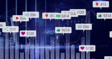 Gece silueti üzerinde bar çizelgeleri, şamdan, çizgi grafiği ve yüzen sayısal simgelerle veri gösteriliyor. Fütürist, dijital, modern, gösterişli, analitik, kentsel, yüksek teknoloji