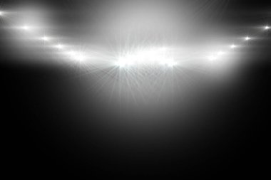 Karanlık sahnede parlak spot ışıkları düz vektör dizaynında parlayan yay ve lens parlamaları oluşturuyor. Alacakaranlık, aydınlanma, soyut, sinematik, kontrast, minimalizm, dramatik