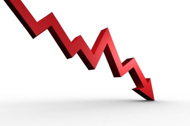 Kırmızı 3D zigzag oku beyaz arka planda aşağı doğru eğilimli, soluk bir gölge bırakıyor. Ticari düşüş, finansal analiz, veri görselleştirme, modern tasarım, dijital pazarlama, büyüme azaltımı, minimalist biçim